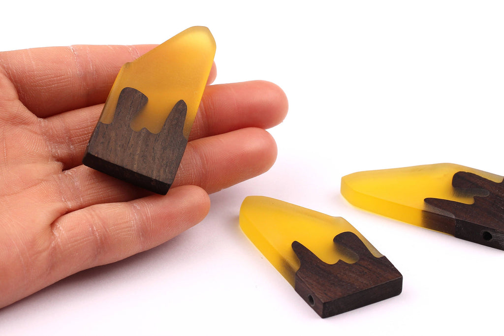 Wood Resin Pendant - Natural Monzo Wooden Charms - Yellow Epoxy Resin Necklace - Jewelry Supplies - Wooden Beads - 50x23x6mm - BB1004Y - DOMEDBAZAAR