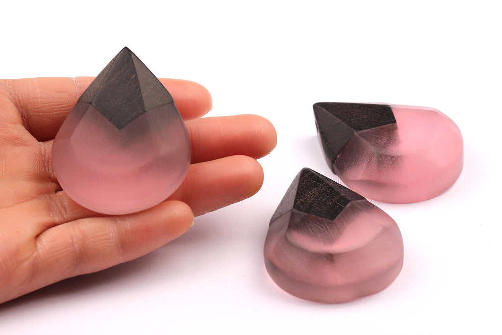 Wood Resin Pendant - Natural Monzo Wooden Charms - Pink Epoxy Resin Necklace - Jewelry Supplies - Tear Shaped Beads - 49x38x15mm - BB1005P - DOMEDBAZAAR