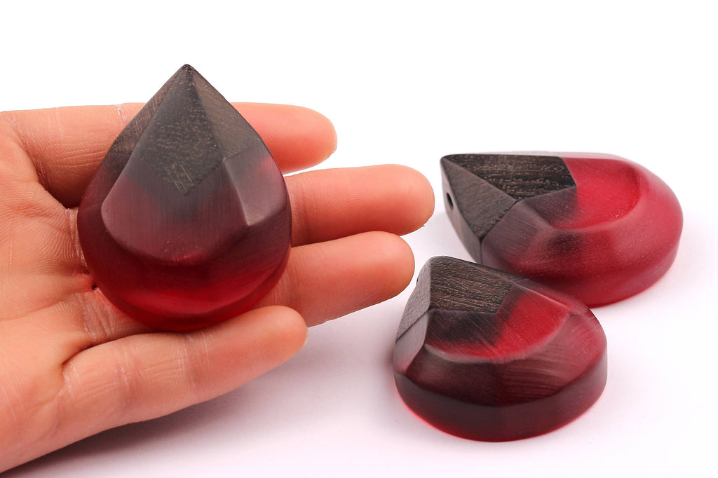 Wood Resin Pendant - Natural Monzo Wooden Charms - Red Epoxy Resin Necklace - Jewelry Supplies - Tear Shaped Beads - 49x38x15mm - BB1005R - DOMEDBAZAAR