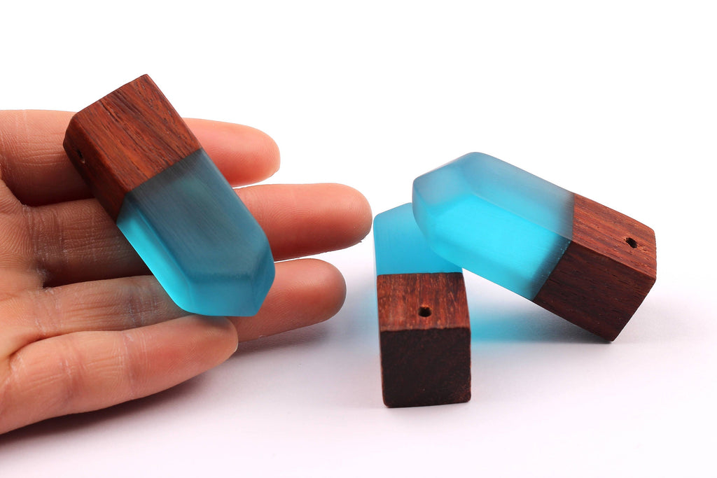 Wood Resin Pendant - Natural Monzo Wooden Charms - Blue Epoxy Resin Necklace - Jewelry Supplies - Wooden Beads - 50x17x17mm - BB1006B - DOMEDBAZAAR