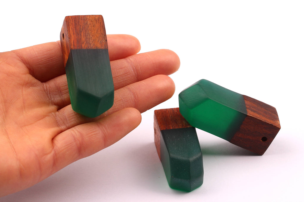 Wood Resin Pendant - Natural Monzo Wooden Charms - Green Epoxy Resin Necklace - Jewelry Supplies - Wooden Beads - 50x17x17mm - BB1006G - DOMEDBAZAAR