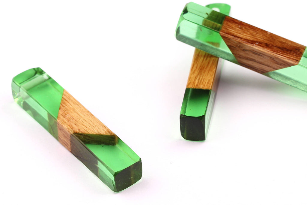 Wood Resin Pendant - Natural Mahogany Wooden Charms - Green Epoxy Resin Necklace - Jewelry Supplies - Wooden Beads - 60x10x11mm - BB1017SG - DOMEDBAZAAR