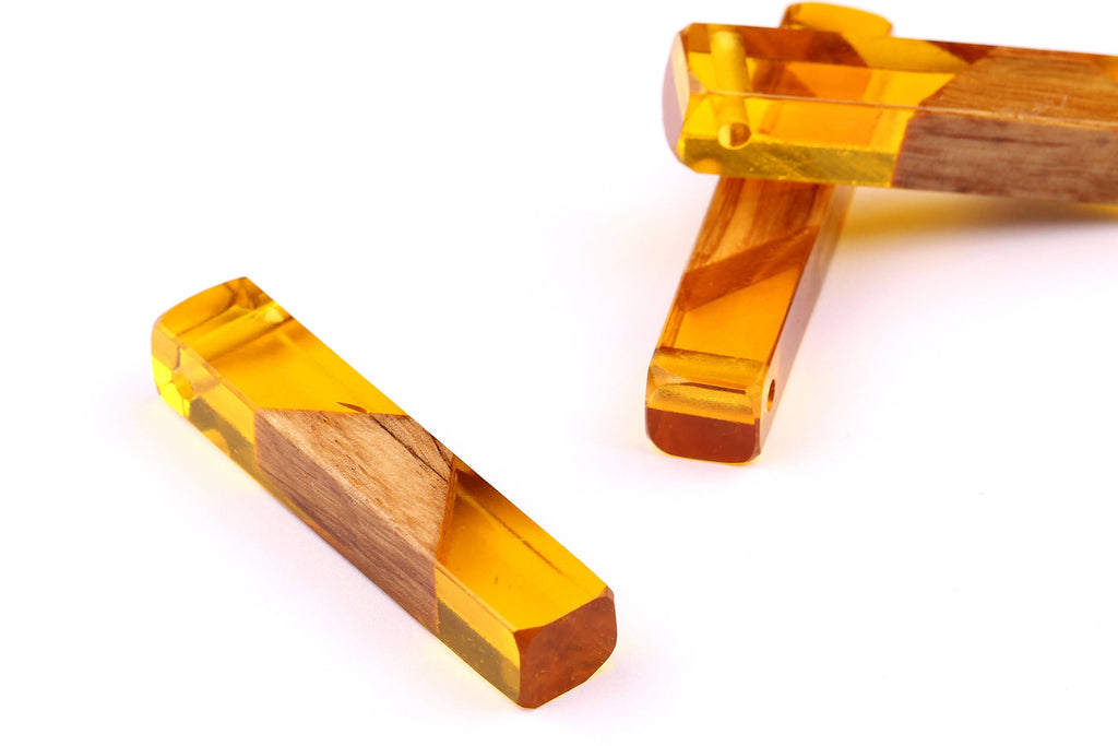 Wood Resin Pendant - Natural Mahogany Wooden Charms - Yellow Epoxy Resin Necklace - Jewelry Supplies - Wooden Beads - 60x10x11mm - BB1017SY - DOMEDBAZAAR