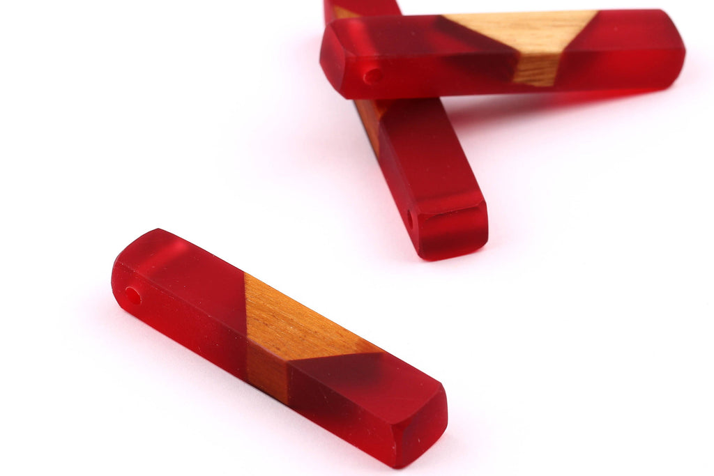 Wood Resin Pendant - Natural Mahogany Wooden Charms - Red Epoxy Resin Necklace - Jewelry Supplies - Wooden Beads - 60x10x11mm - BB1017MR - DOMEDBAZAAR