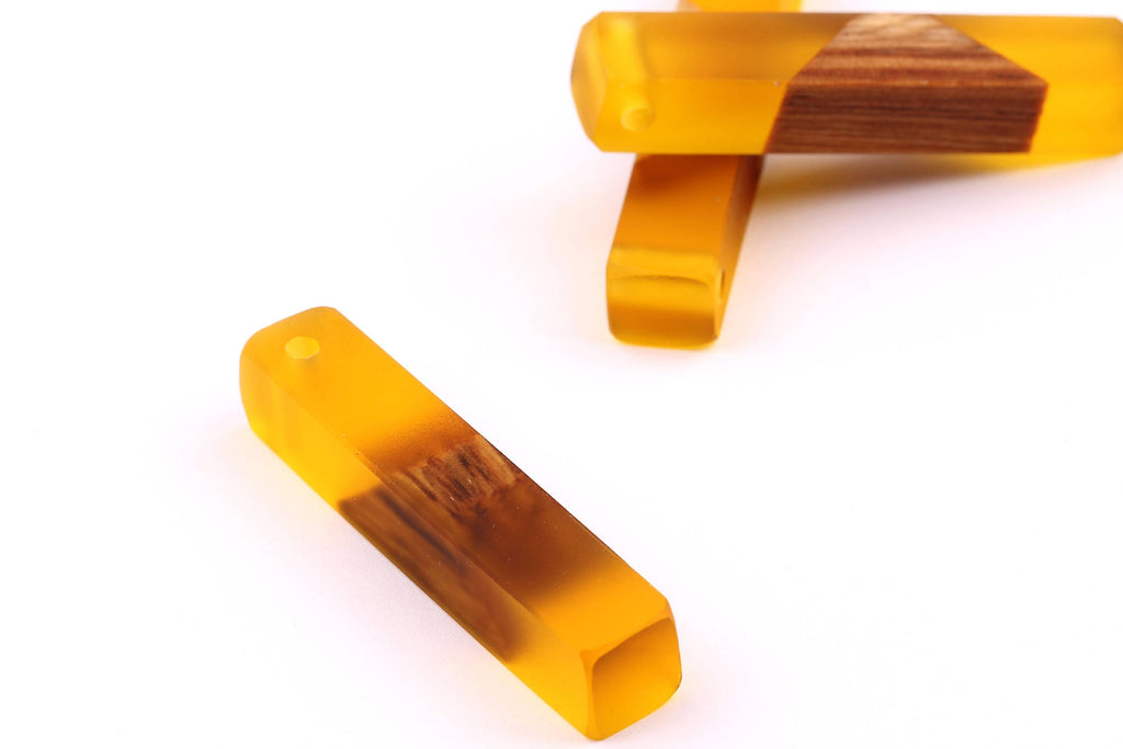 Wood Resin Pendant - Natural Mahogany Wooden Charms - Yellow Epoxy Resin Necklace - Jewelry Supplies - Wooden Beads - 60x10x11mm - BB1017MY - DOMEDBAZAAR