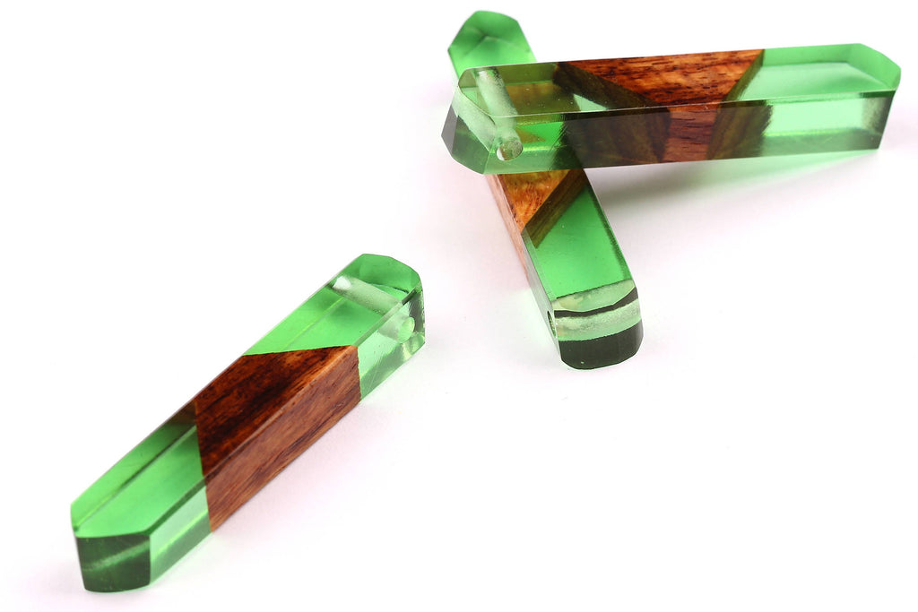 Wood Resin Pendant - Natural Mahogany Wooden Charms - Green Epoxy Resin Necklace - Jewelry Supplies - Wooden Beads - 60x10x11mm - BB1018SG - DOMEDBAZAAR