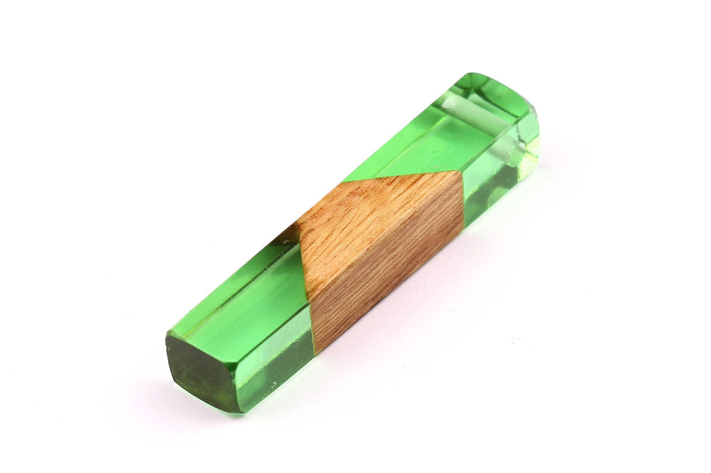 Wood Resin Pendant - Natural Mahogany Wooden Charms - Green Epoxy Resin Necklace - Jewelry Supplies - Wooden Beads - 60x10x11mm - BB1017SG - DOMEDBAZAAR