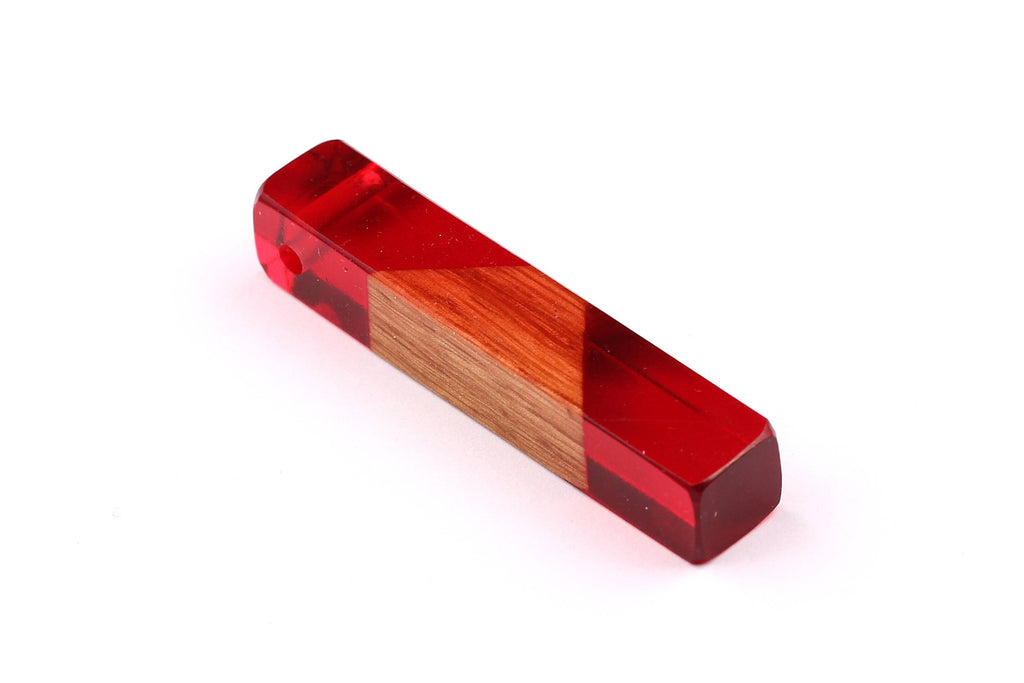 Wood Resin Pendant - Natural Mahogany Wooden Charms - Red Epoxy Resin Necklace - Jewelry Supplies - Wooden Beads - 60x10x11mm - BB1017SR - DOMEDBAZAAR