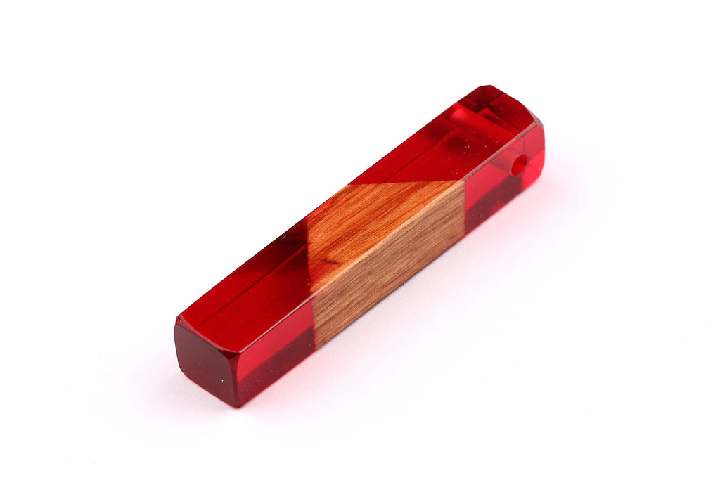 Wood Resin Pendant - Natural Mahogany Wooden Charms - Red Epoxy Resin Necklace - Jewelry Supplies - Wooden Beads - 60x10x11mm - BB1017SR - DOMEDBAZAAR
