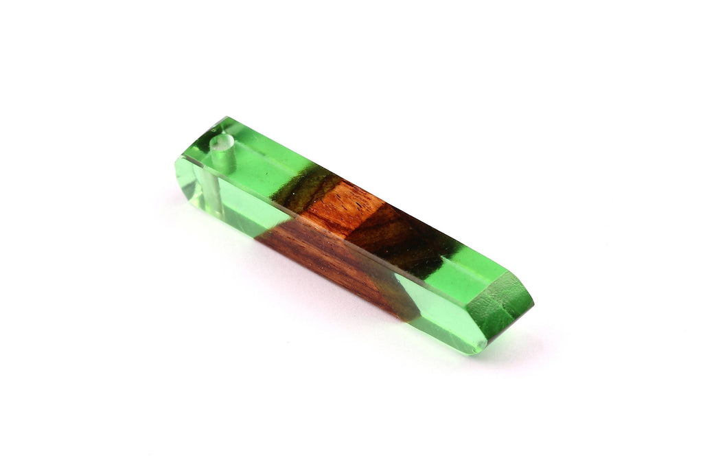 Wood Resin Pendant - Natural Mahogany Wooden Charms - Green Epoxy Resin Necklace - Jewelry Supplies - Wooden Beads - 60x10x11mm - BB1018SG - DOMEDBAZAAR