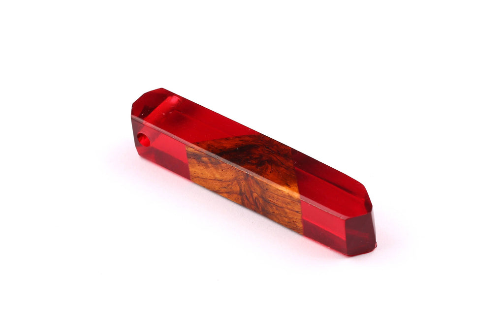 Wood Resin Pendant - Natural Mahogany Wooden Charms - Red Epoxy Resin Necklace - Jewelry Supplies - Wooden Beads - 60x10x11mm - BB1018SR - DOMEDBAZAAR