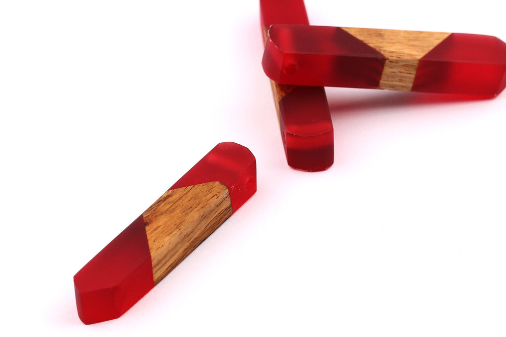 Wood Resin Pendant - Natural Mahogany Wooden Charms - Red Epoxy Resin Necklace - Jewelry Supplies - Wooden Beads - 60x10x11mm - BB1018MR - DOMEDBAZAAR