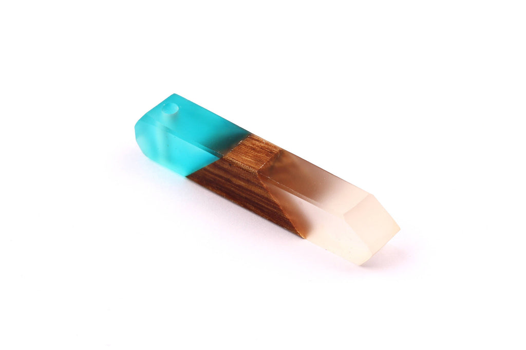 Wood Resin Pendant - Natural Mahogany Wooden Charms - Blue & White Epoxy Resin Necklace - Jewelry Supplies - Beads - 60x10x11mm - BB1019B - DOMEDBAZAAR