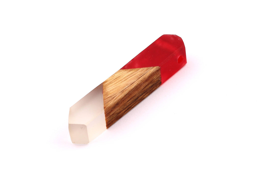 Wood Resin Pendant - Natural Mahogany Wooden Charms - Red & White Epoxy Resin Necklace - Jewelry Supplies - Beads - 60x10x11mm - BB1019R - DOMEDBAZAAR