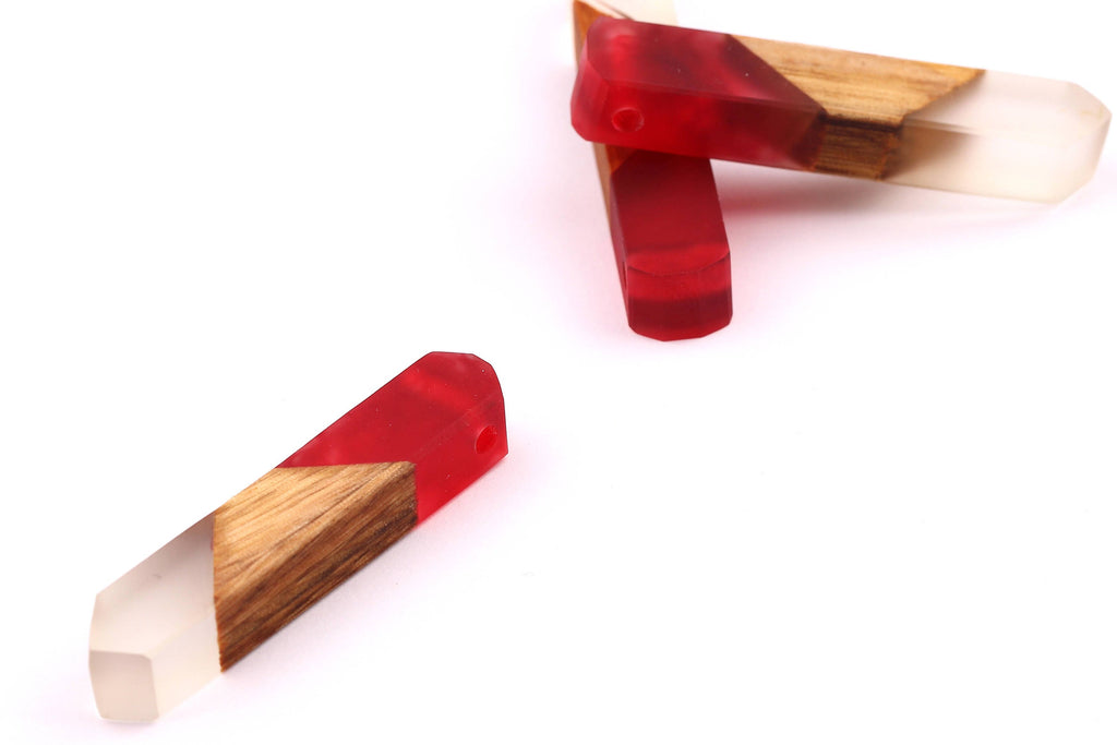 Wood Resin Pendant - Natural Mahogany Wooden Charms - Red & White Epoxy Resin Necklace - Jewelry Supplies - Beads - 60x10x11mm - BB1019R - DOMEDBAZAAR