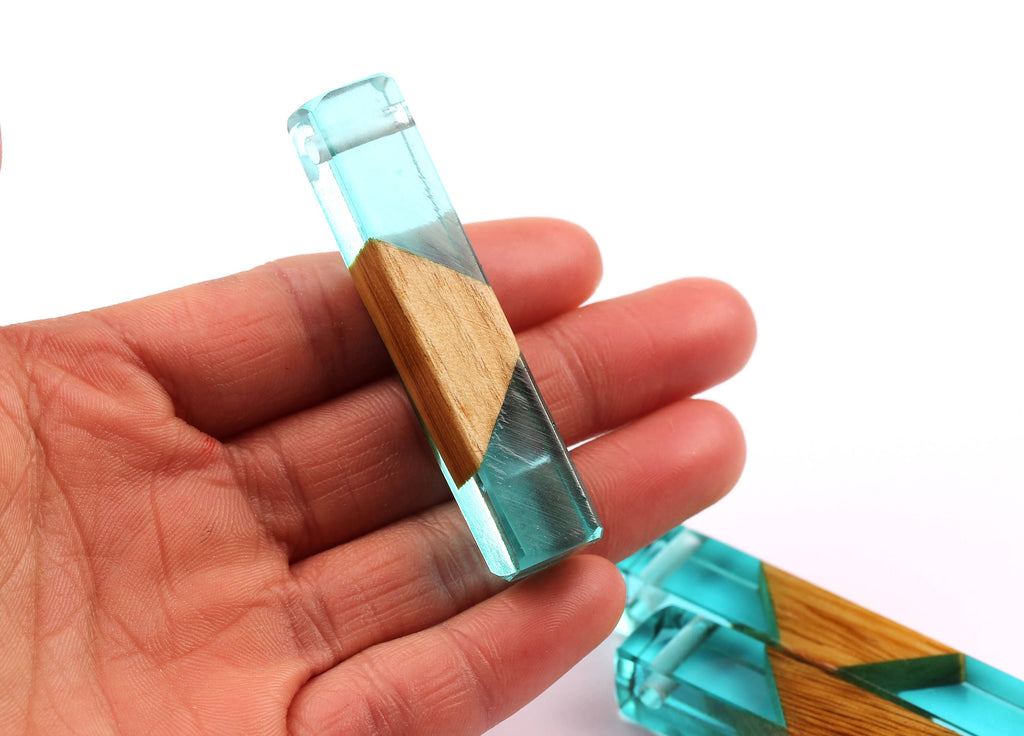 Wood Resin Pendant - Natural Mahogany Wooden Charms - Blue Epoxy Resin Necklace - Jewelry Supplies - Wooden Beads - 60x10x11mm - BB1017SB - DOMEDBAZAAR