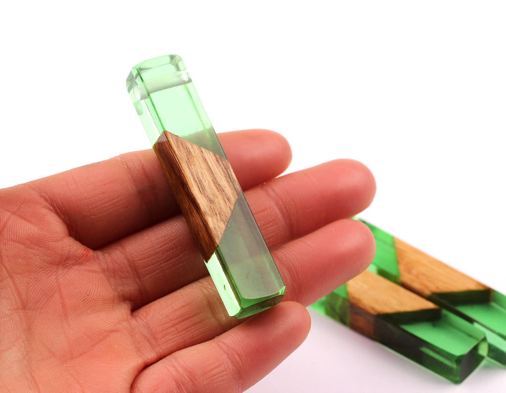 Wood Resin Pendant - Natural Mahogany Wooden Charms - Green Epoxy Resin Necklace - Jewelry Supplies - Wooden Beads - 60x10x11mm - BB1017SG - DOMEDBAZAAR