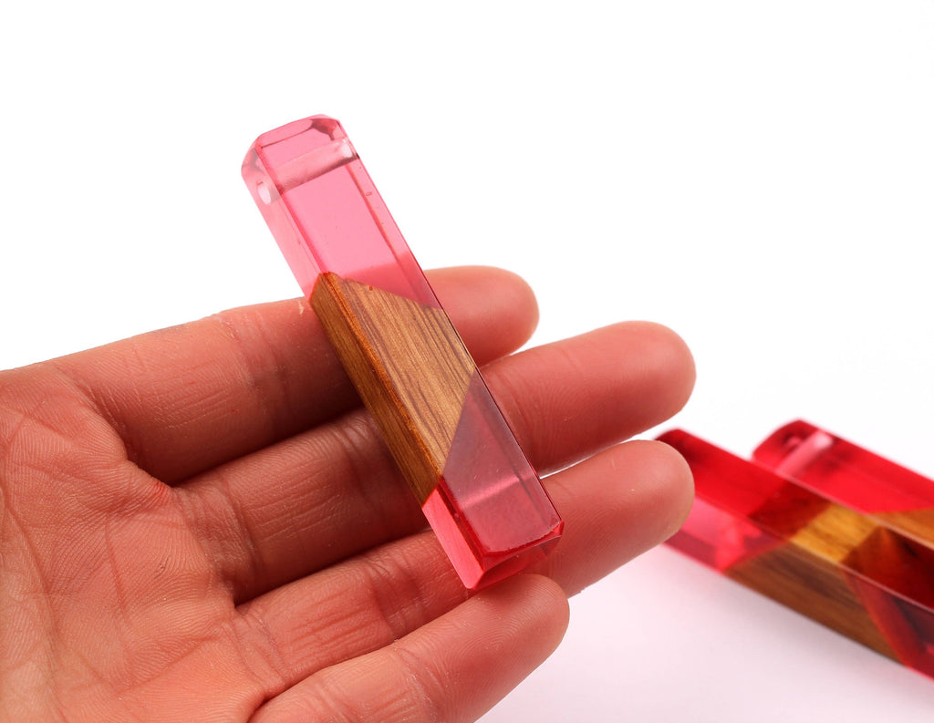 Wood Resin Pendant - Natural Mahogany Wooden Charms - Pink Epoxy Resin Necklace - Jewelry Supplies - Wooden Beads - 60x10x11mm - BB1017SP - DOMEDBAZAAR