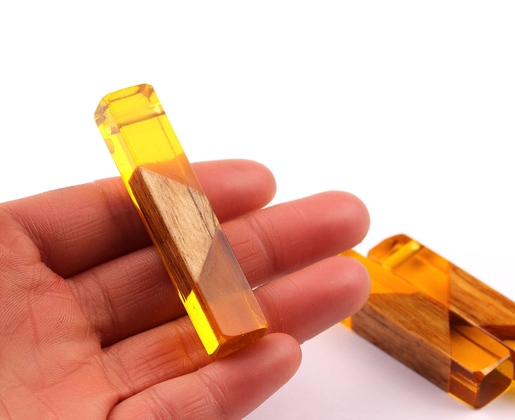 Wood Resin Pendant - Natural Mahogany Wooden Charms - Yellow Epoxy Resin Necklace - Jewelry Supplies - Wooden Beads - 60x10x11mm - BB1017SY - DOMEDBAZAAR