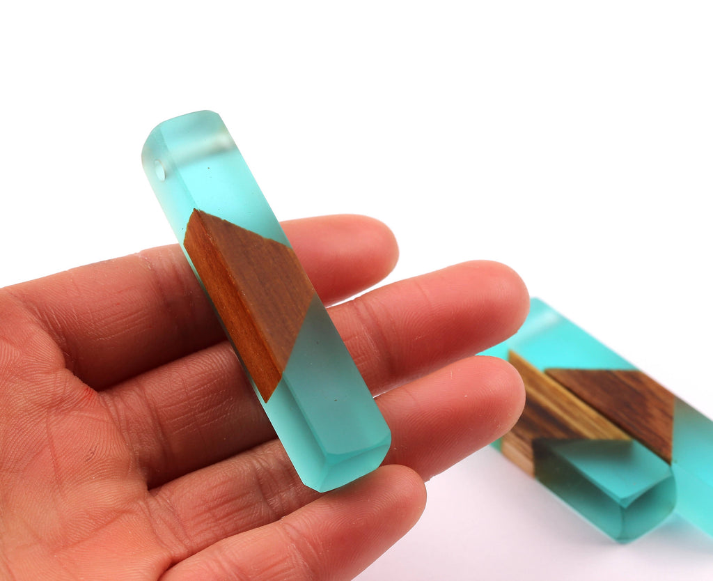 Wood Resin Pendant - Natural Mahogany Wooden Charms - Blue Epoxy Resin Necklace - Jewelry Supplies - Wooden Beads - 60x10x11mm - BB1017MB - DOMEDBAZAAR