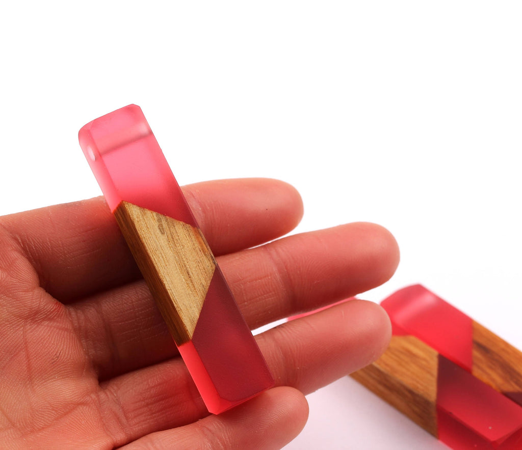 Wood Resin Pendant - Natural Mahogany Wooden Charms - Pink Epoxy Resin Necklace - Jewelry Supplies - Wooden Beads - 60x10x11mm - BB1017MP - DOMEDBAZAAR