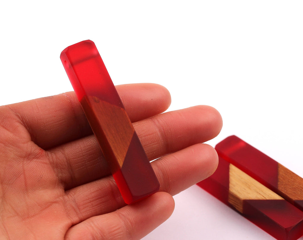 Wood Resin Pendant - Natural Mahogany Wooden Charms - Red Epoxy Resin Necklace - Jewelry Supplies - Wooden Beads - 60x10x11mm - BB1017MR - DOMEDBAZAAR