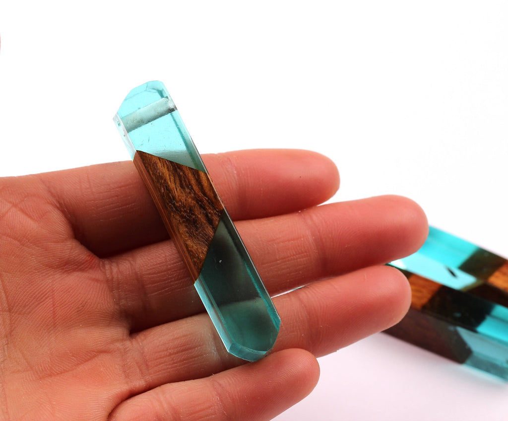 Wood Resin Pendant - Natural Mahogany Wooden Charms - Blue Epoxy Resin Necklace - Jewelry Supplies - Wooden Beads - 60x10x11mm - BB1018SB - DOMEDBAZAAR
