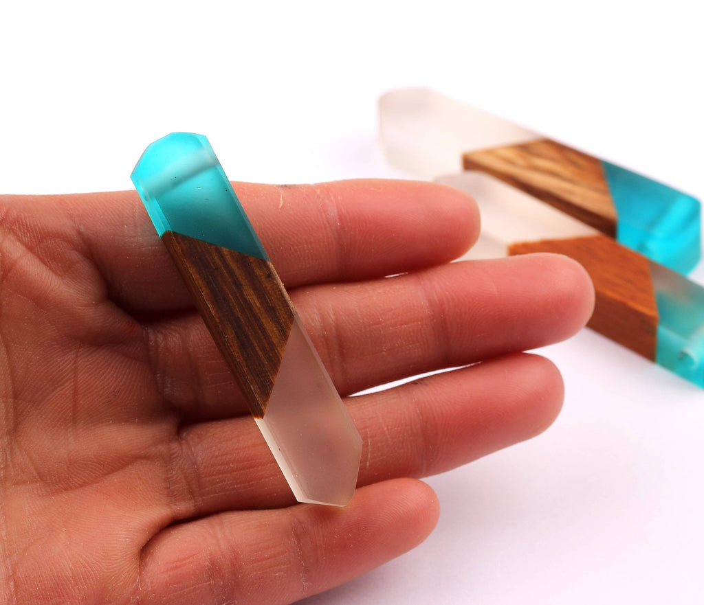 Wood Resin Pendant - Natural Mahogany Wooden Charms - Blue & White Epoxy Resin Necklace - Jewelry Supplies - Beads - 60x10x11mm - BB1019B - DOMEDBAZAAR