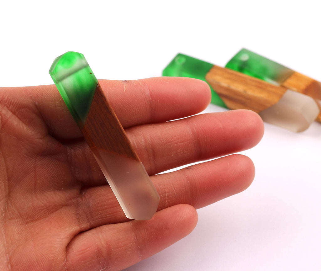 Wood Resin Pendant - Natural Mahogany Wooden Charms - Green & White Epoxy Resin Necklace - Jewelry Supplies - Beads - 60x10x11mm - BB1019G - DOMEDBAZAAR
