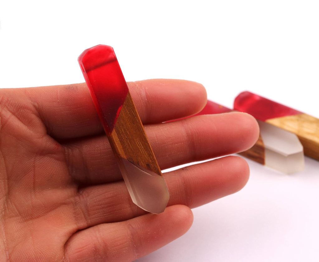 Wood Resin Pendant - Natural Mahogany Wooden Charms - Red & White Epoxy Resin Necklace - Jewelry Supplies - Beads - 60x10x11mm - BB1019R - DOMEDBAZAAR