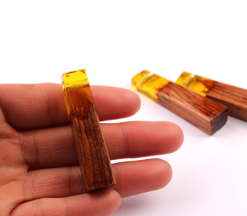 Wood Resin Pendant - Natural Mahogany Wooden Charms - Yellow Epoxy Resin Necklace - Jewelry Supplies - Wooden Beads - 49x10x12mm - BB1021SY - DOMEDBAZAAR