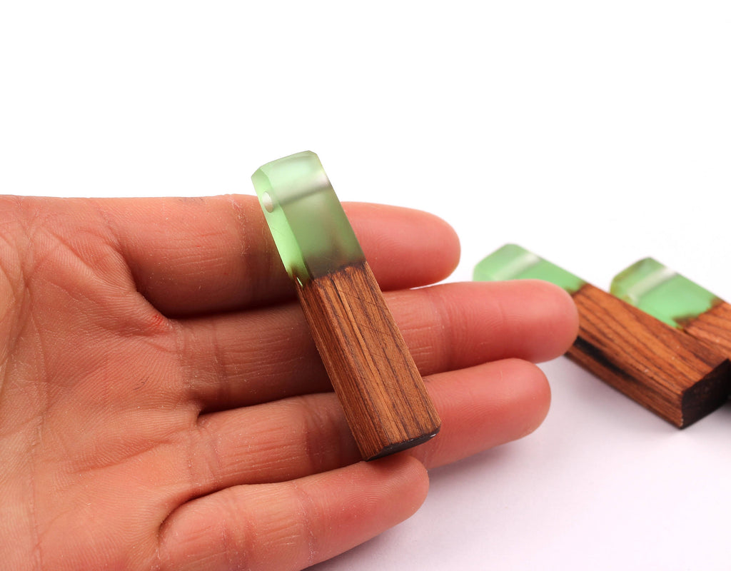 Wood Resin Pendant - Natural Mahogany Wooden Charms - Green Epoxy Resin Necklace - Jewelry Supplies - Wooden Beads - 49x10x12mm - BB1021MG - DOMEDBAZAAR