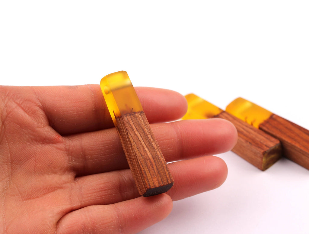 Wood Resin Pendant - Natural Mahogany Wooden Charms - Yellow Epoxy Resin Necklace - Jewellery Supplies - Wooden Beads -49x10x12mm - BB1021MY - DOMEDBAZAAR