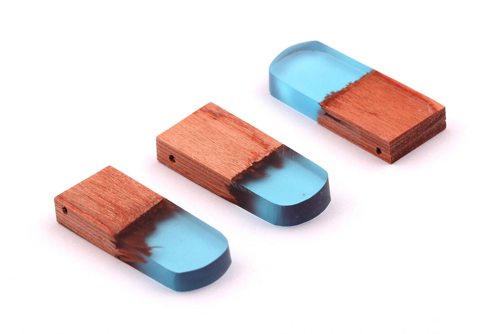 Wood Resin Pendant - Natural Wooden Charms - Blue Epoxy Resin Necklace - Jewelry Supplies - Wooden Beads 32x13x4mm - BB1036B - DOMEDBAZAAR