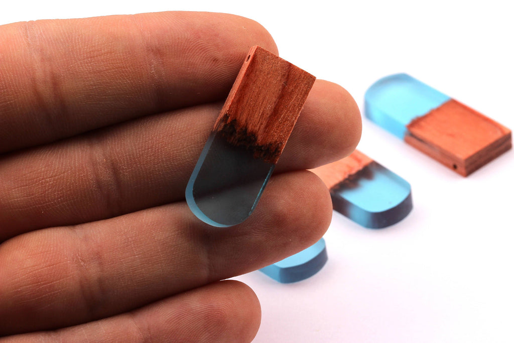 Wood Resin Pendant - Natural Wooden Charms - Blue Epoxy Resin Necklace - Jewelry Supplies - Wooden Beads 32x13x4mm - BB1036B - DOMEDBAZAAR