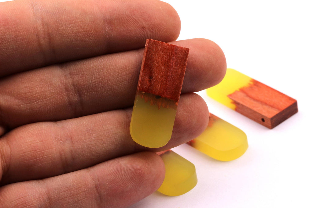 Wood Resin Pendant - Natural Wooden Charms - Yellow Epoxy Resin Necklace - Jewelry Supplies - Wooden Beads 32x13x4mm - BB1036Y - DOMEDBAZAAR