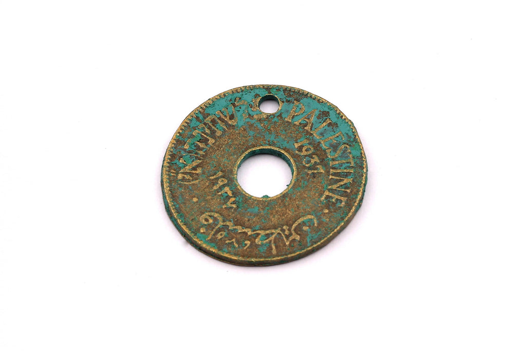 Faux Patina Pendant - Coin Shaped - Alloy Charms - Antique Bronze Tone Necklace - Zinc Alloy Beads - Palestine Coin - 25x25x1.5mm ZZ1082 - DOMEDBAZAAR