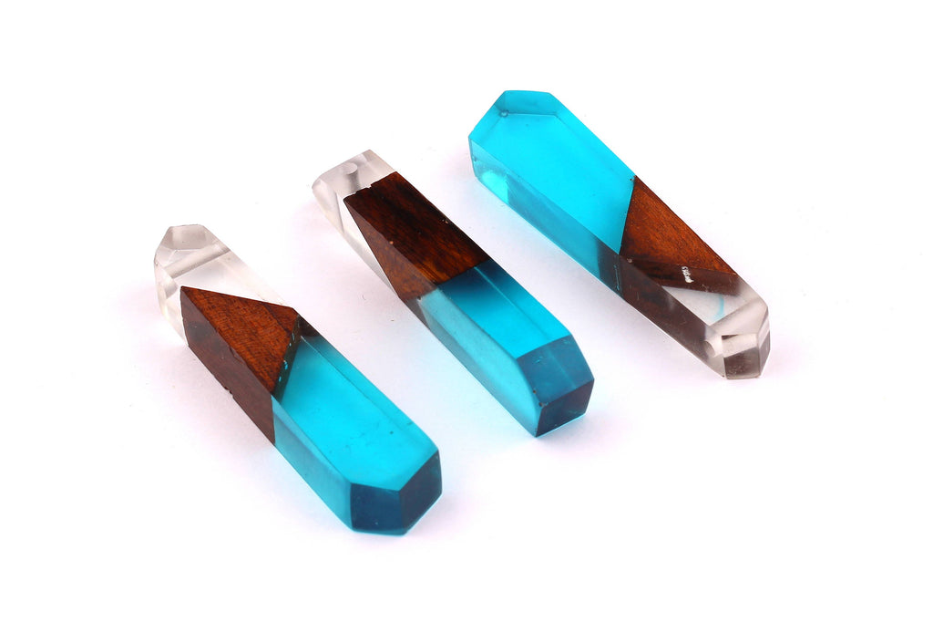 Wood Resin Pendant - Natural Mahogany Wooden Charms - Blue Epoxy Resin Necklace - Jewelry Supplies - Wooden Beads - 63x13x9mm - BB1024BW - DOMEDBAZAAR