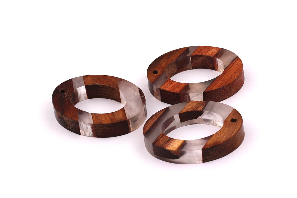 Wood Resin Pendant - Natural Mahogany Wooden Charms - White Epoxy Resin Necklace - Ellipse Shaped - Wooden Beads - 50x38x9mm - BB1027W - DOMEDBAZAAR