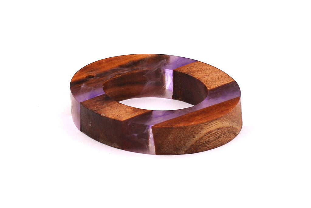 Wood Resin Pendant - Natural Mahogany Wooden Charms - Purple Epoxy Resin Necklace - Ellipse Shaped - Wooden Beads - 50x38x9mm - BB1027PR - DOMEDBAZAAR