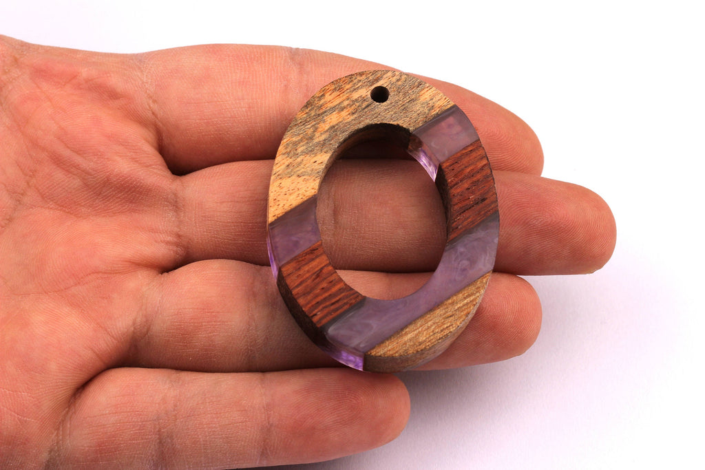 Wood Resin Pendant - Natural Mahogany Wooden Charms - Purple Epoxy Resin Necklace - Ellipse Shaped - Wooden Beads - 50x38x9mm - BB1027PR - DOMEDBAZAAR