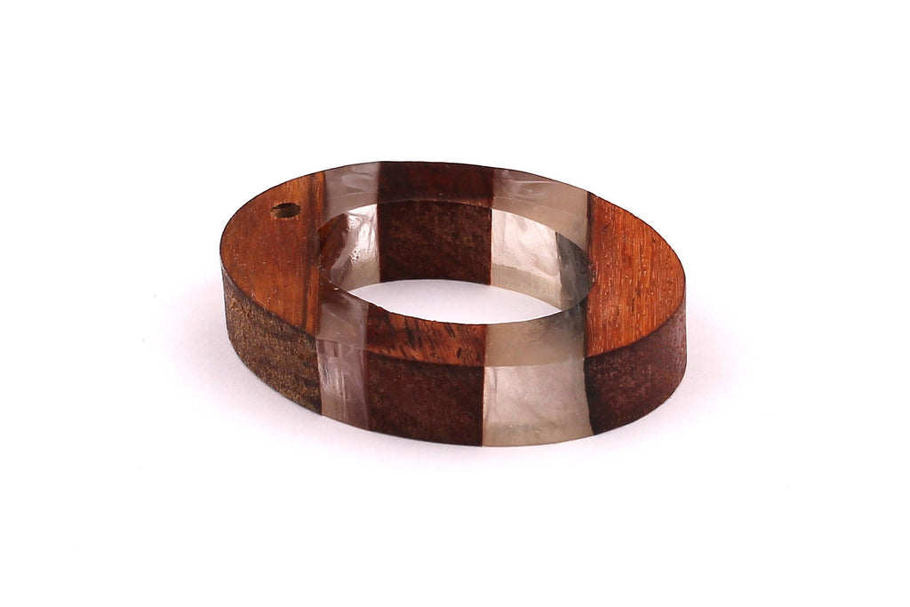 Wood Resin Pendant - Natural Mahogany Wooden Charms - White Epoxy Resin Necklace - Ellipse Shaped - Wooden Beads - 50x38x9mm - BB1027W - DOMEDBAZAAR