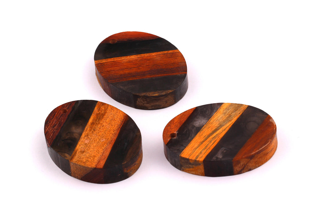 Wood Resin Pendant - Natural Mahogany Wooden Charms - Black Epoxy Resin Necklace - Ellipse Shaped - Wooden Beads - 50x38x10 - BB1028BK - DOMEDBAZAAR