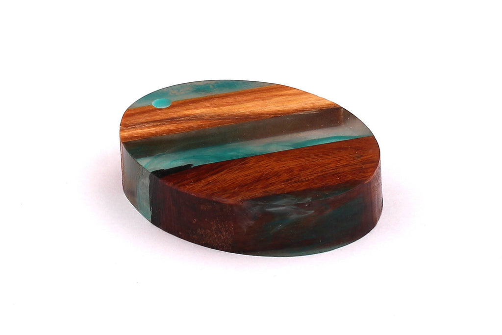 Wood Resin Pendant - Natural Mahogany Wooden Charms - Turquoise Epoxy Resin Necklace - Ellipse Shaped - Wooden Beads - 50x38x10 - BB1028T - DOMEDBAZAAR