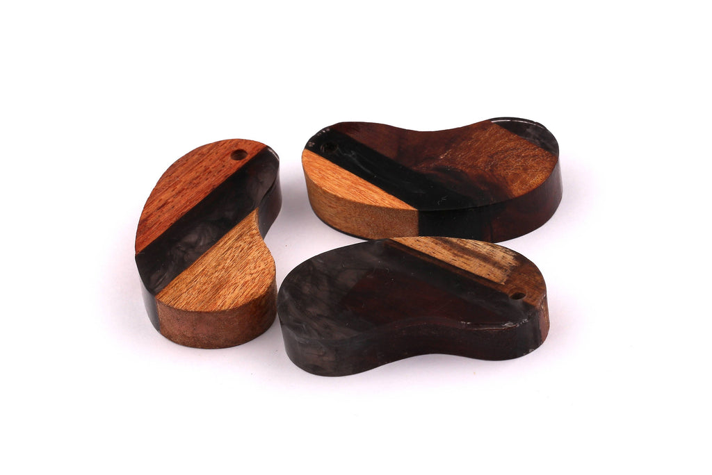 Wood Resin Pendant - Natural Mahogany Wooden Charms - Black Epoxy Resin Necklace - Bean Shaped - Wooden Beads - 46x24x10 - BB1029BK - DOMEDBAZAAR