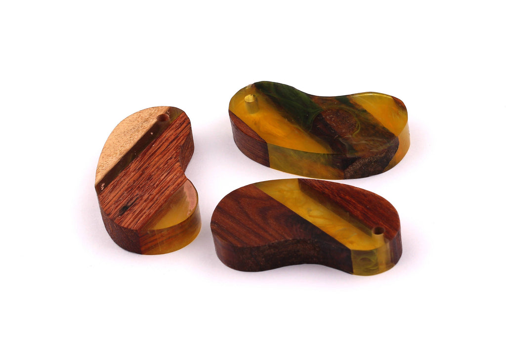 Wood Resin Pendant - Natural Mahogany Wooden Charms - Yellow Epoxy Resin Necklace - Bean Shaped - Wooden Beads - 46x24x10 - BB1029Y - DOMEDBAZAAR