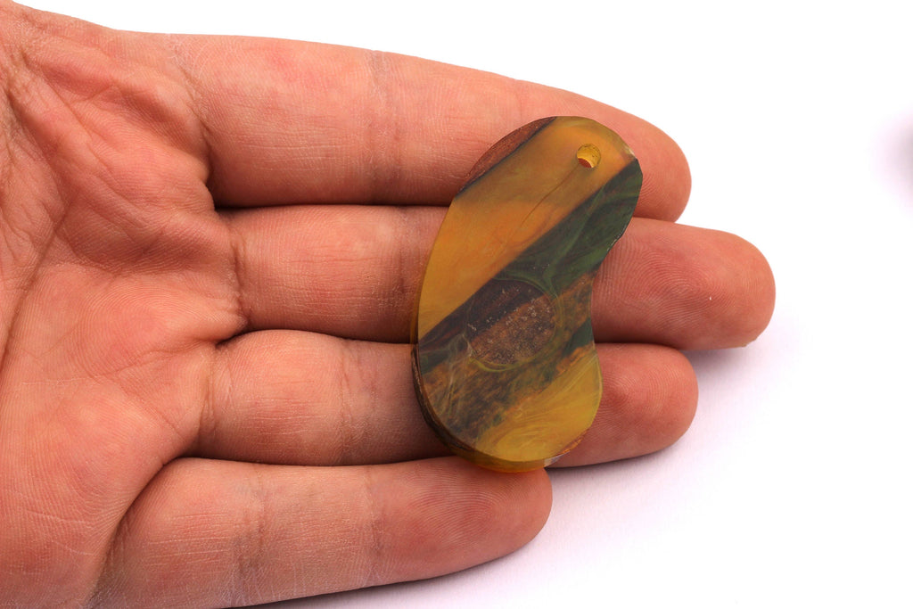 Wood Resin Pendant - Natural Mahogany Wooden Charms - Yellow Epoxy Resin Necklace - Bean Shaped - Wooden Beads - 46x24x10 - BB1029Y - DOMEDBAZAAR
