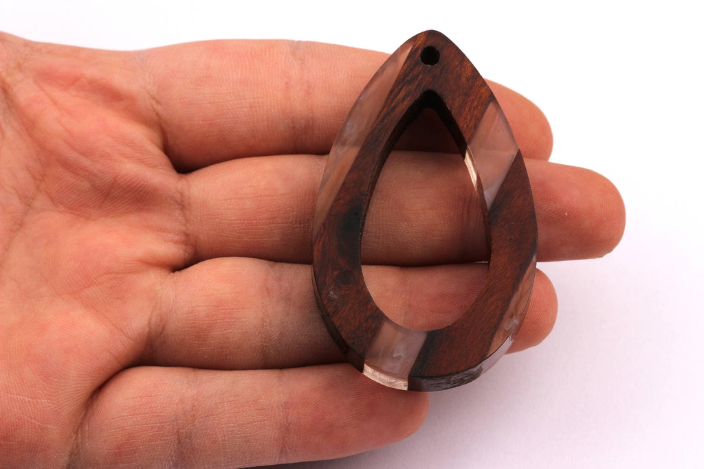 Wood Resin Pendant - Natural Mahogany Wooden Charms - White Epoxy Resin Necklace - Teardrop Shaped - Wooden Beads - 59x37x10mm - BB1030C - DOMEDBAZAAR