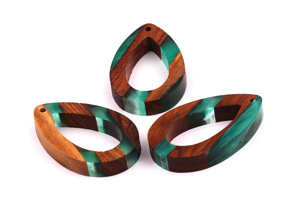 Wood Resin Pendant - Natural Mahogany Wooden Charms - Turquoise Epoxy Resin Necklace - Teardrop Shaped - Wooden Beads - 59x37x9mm - BB1030G - DOMEDBAZAAR