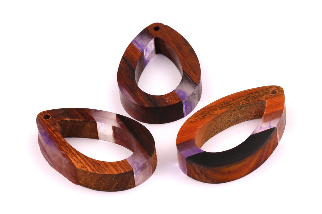 Wood Resin Pendant - Natural Mahogany Wooden Charms - Purple Epoxy Resin Necklace - Teardrop Shaped - Wooden Beads -59x37x10mm - BB1030PR - DOMEDBAZAAR